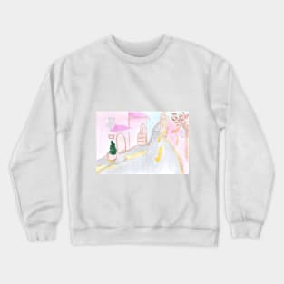 cityscape, city, landscape, background, street, road, architecture, house, houses, watercolor, hand-drawn, illustration, design Crewneck Sweatshirt